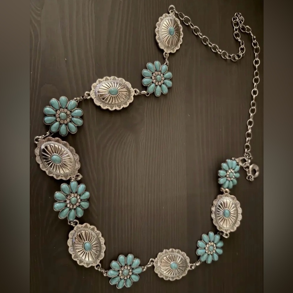 New Vintage Waist Belt Silver Natural Turquoise Stone Flower Tassel